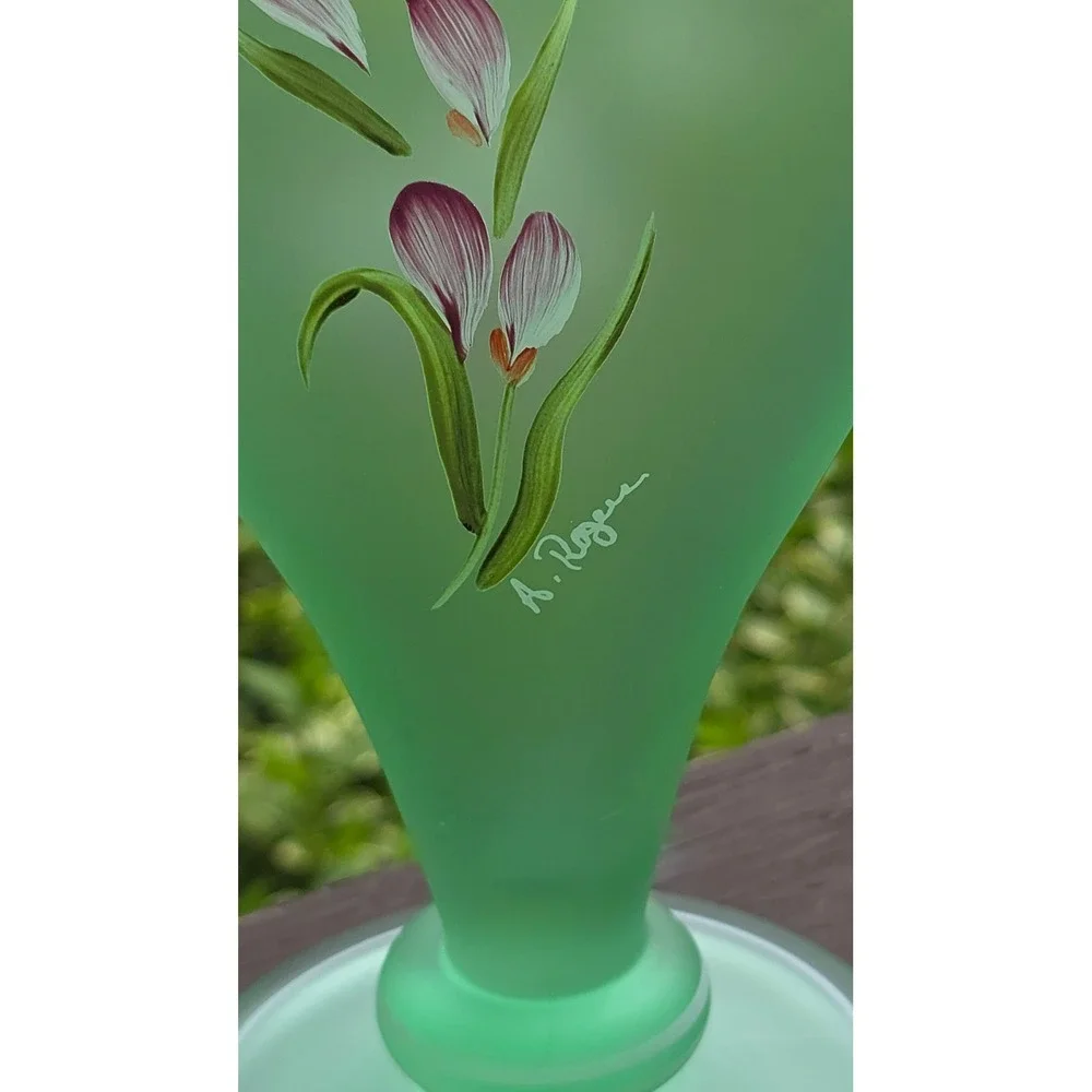 Fenton Willow Green Satin Glass Fan Vase Hand Painted Floral Dragonfly A. Rogers
